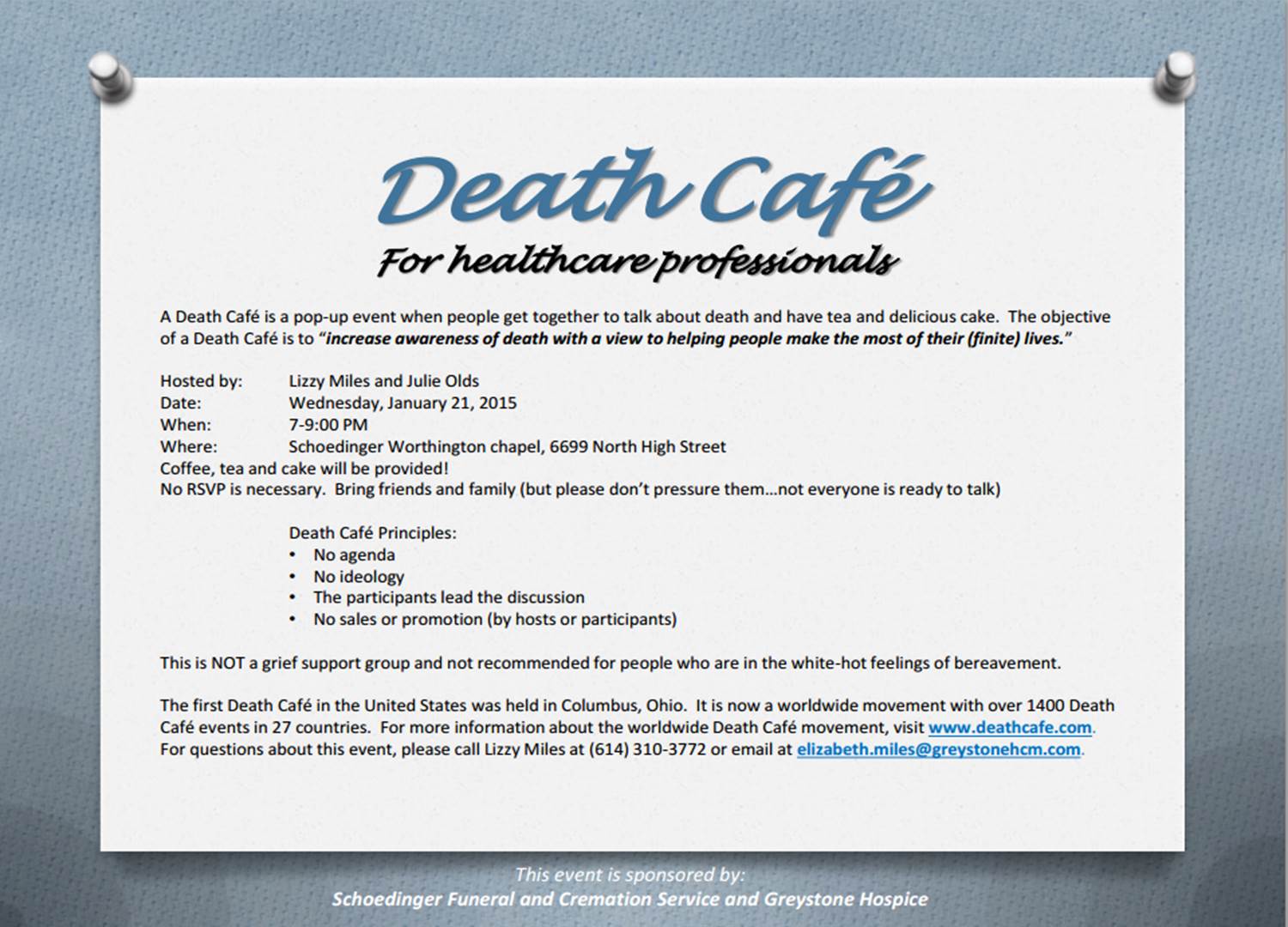 Death Cafe in Worthington, OH for Healthcare Professionals